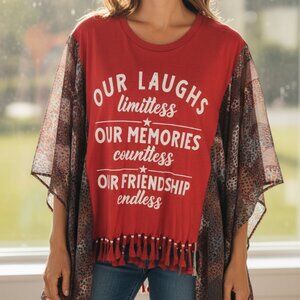 Upcycled Red Graphic T Shirt Poncho Handknotted Beaded Fringe
